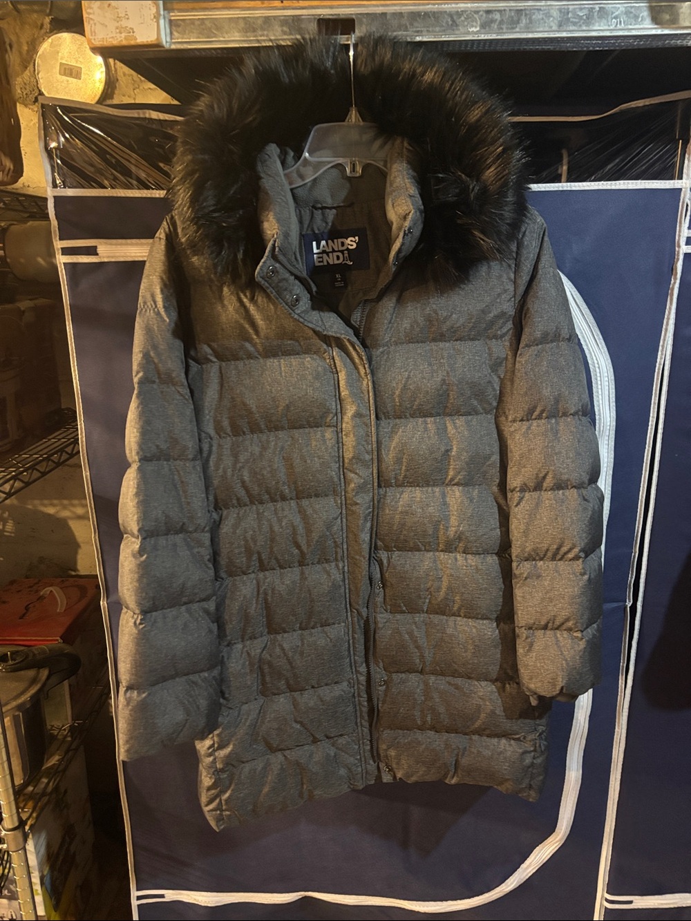 Lands' End Women's Heather Gray Down Puffer Coat with Faux Fur Trimmed Hood